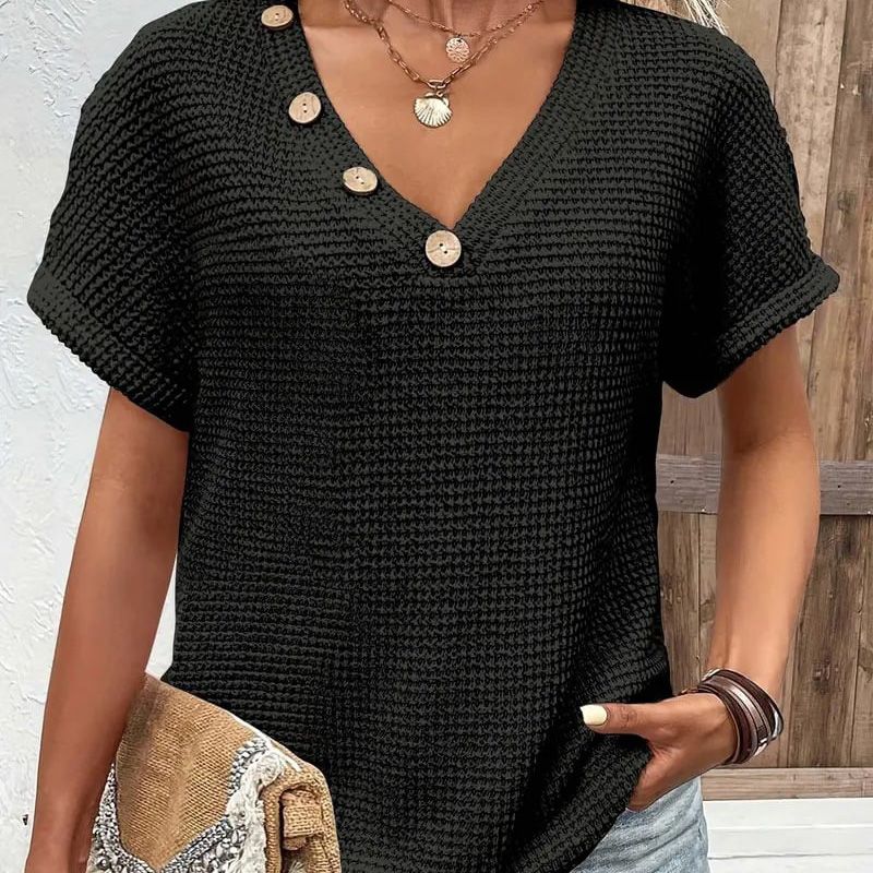 Adina™ - Pull élégant à décolleté en V avec manches courtes et boutons
