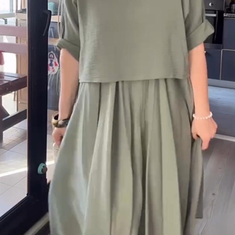 Fiorenza - Women's Two-Piece Cotton and Linen Round Neck Blouse and Skirt Set