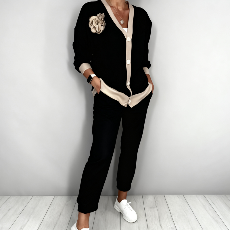 Neravine - Ensemble Chic à Col V et Pantalon Taille Haute