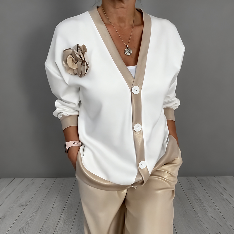 Neravine - Ensemble Chic à Col V et Pantalon Taille Haute