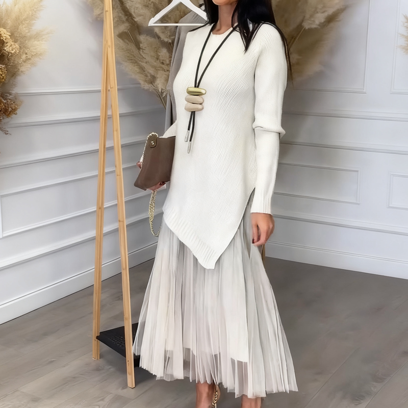 Evelyara - Asymmetrical Sweater and Pleated Midi Dress Set 