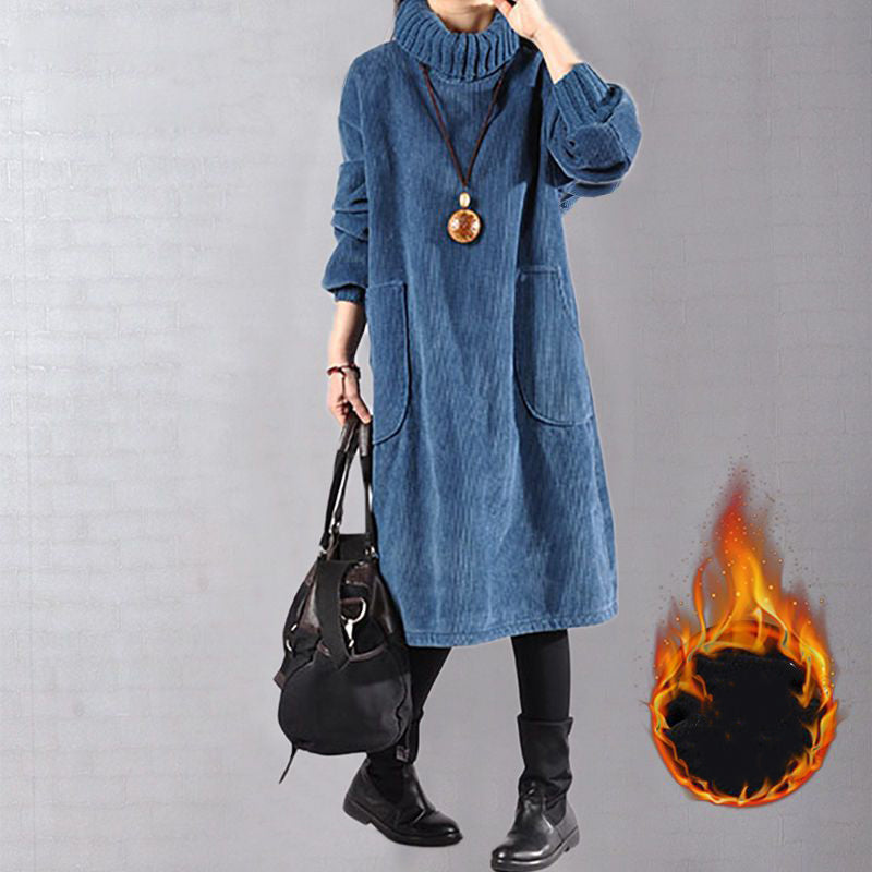 Lunavellia - Robe Longue en Velours Côtelé à Col Haut pour Femmes