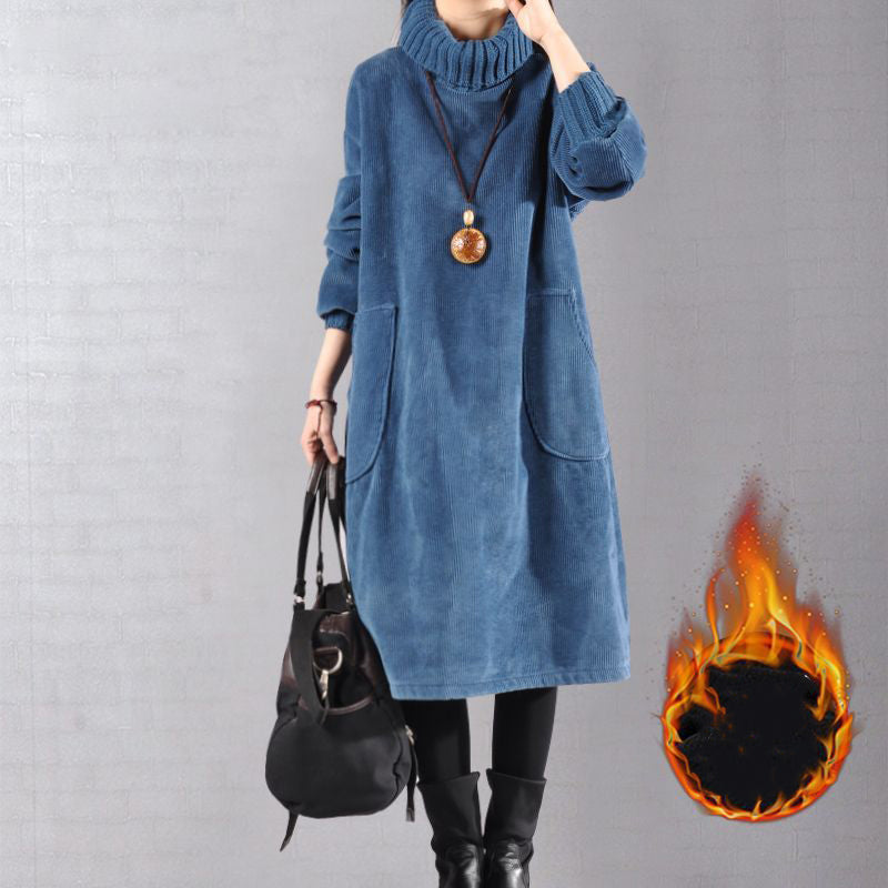 Lunavellia - Robe Longue en Velours Côtelé à Col Haut pour Femmes