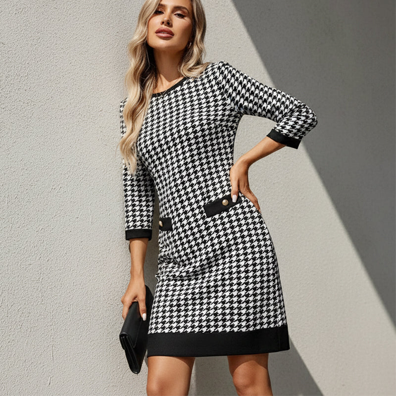 Olyra - Elegant Houndstooth Midi Dress with Round Neck 