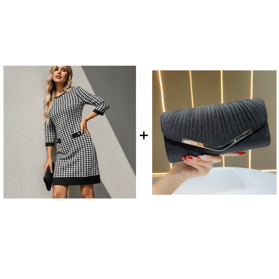 Olyra - Elegant Houndstooth Midi Dress with Round Neck 