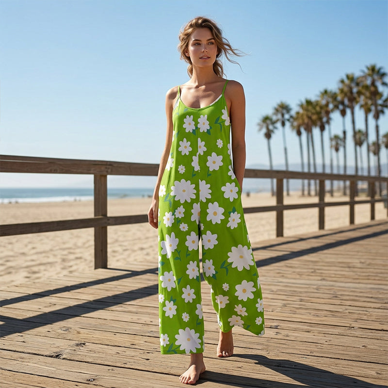 Dovellae - Women's Floral Print Thin Strap Wide Leg Summer Jumpsuit